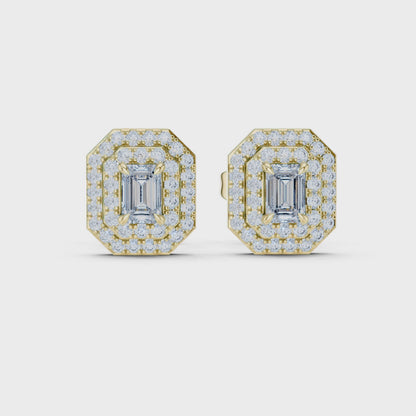 Celeste Double-Halo Emerald & Round Diamond Stud Earrings in Yellow Gold