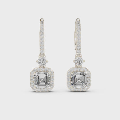 Deco Step-Cut Dangles Asscher & Round Diamond Earrings in Silver