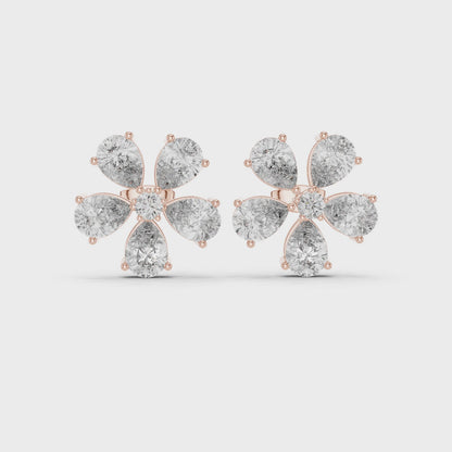 Petal Floral Pear & Round Diamond Cluster Earrings in Rose Gold