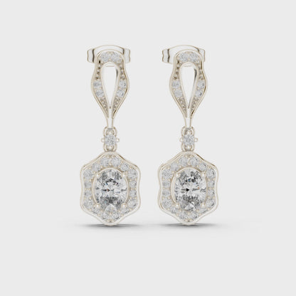 Iris Halo Oval & Round Diamond Drop Earrings in Silver