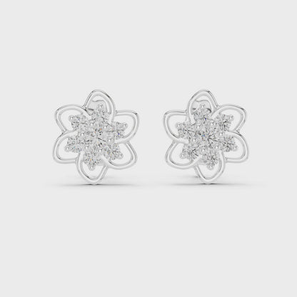 Petal Floral Round Diamond Stud Earrings in Silver
