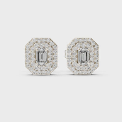 Celeste Double-Halo Emerald & Round Diamond Stud Earrings in Silver