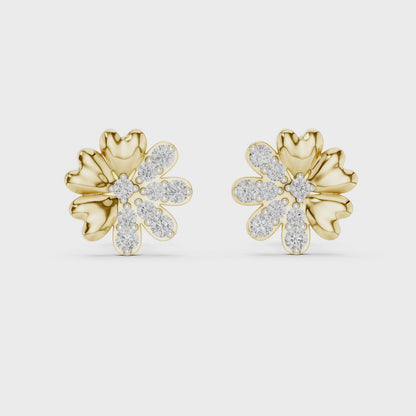 Dual Essence Floral Round Diamond Stud Earrings in Yellow Gold