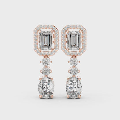 Celeste Halo Emerald & Oval Diamond Drop Earrings in Rose Gold