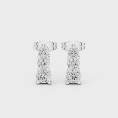 Celeste Three-Stone Round Diamond Stud Earrings in Silver