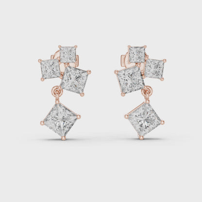 Crest Cluster Princess Diamond Dangle Earrings in Rose Gold
