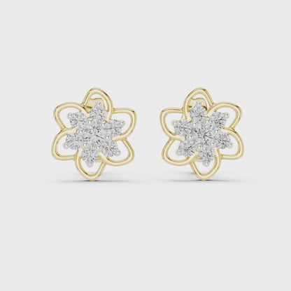 Petal Floral Round Diamond Stud Earrings in Yellow Gold