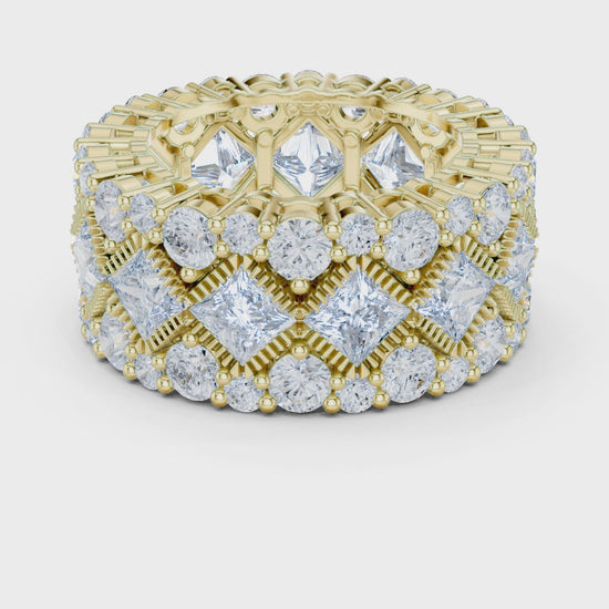 Crest Cluster Princess & Round Diamond Eternity Band in Yellow Gold