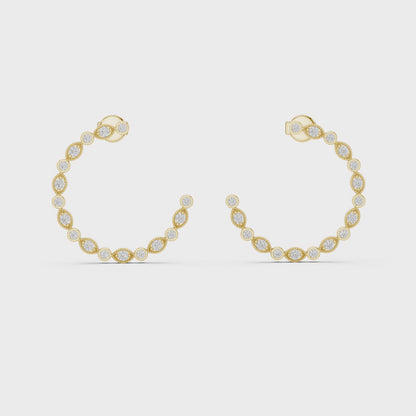 Petal Milgrain Round Diamond Hoop Earrings in Yellow Gold
