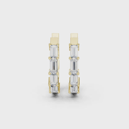Deco Orbit Emerald Diamond Hoop Earrings in Yellow Gold