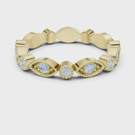 Iris Milgrain Round Diamond Anniversary Band in Yellow Gold