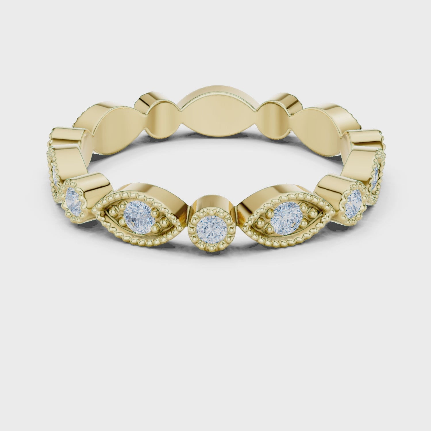 Iris Milgrain Round Diamond Anniversary Band in Yellow Gold