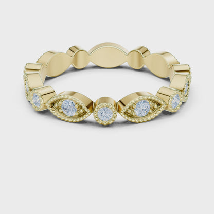 Iris Milgrain Round Diamond Anniversary Band in Yellow Gold