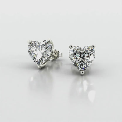 Three Prong Heart Diamond Stud Earrings in Silver