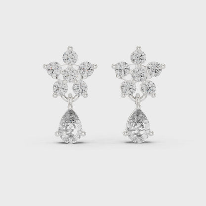 Petal Cluster Pear & Round Diamond Drop Earrings in Silver
