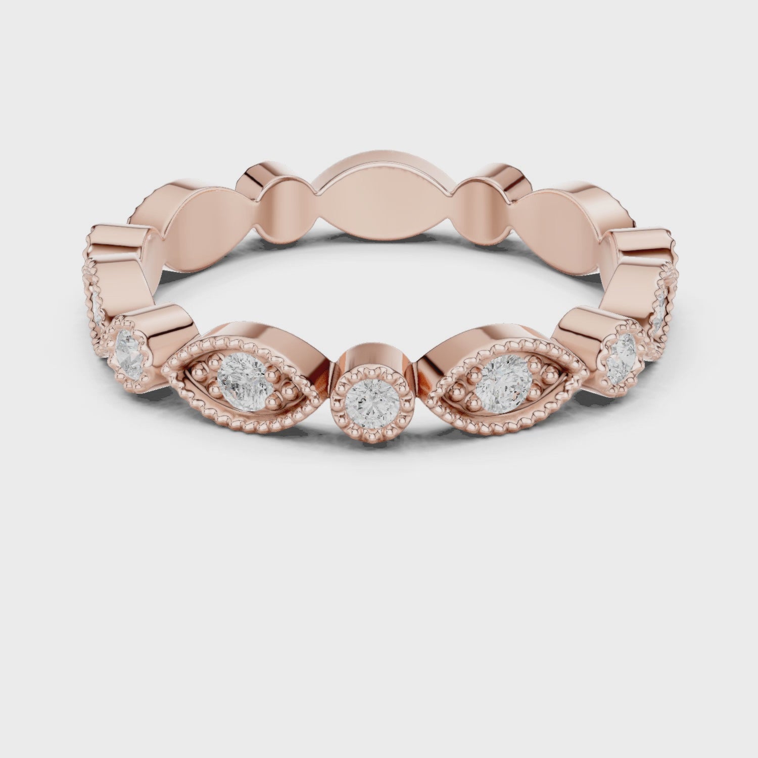 Iris Milgrain Round Diamond Anniversary Band in Rose Gold