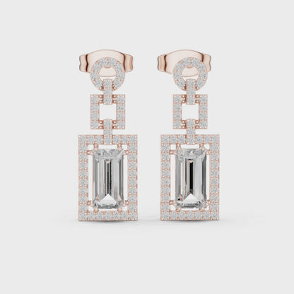 Structural Halo Emerald & Round Diamond Drop Earrings in Rose Gold
