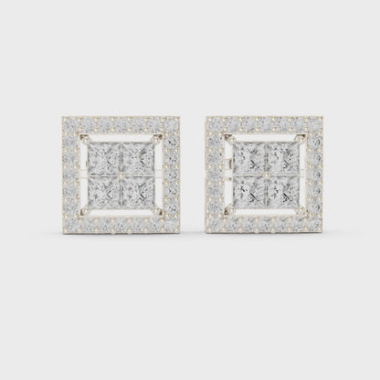Modern Symmetry Princess & Round Diamond Stud Earrings in Silver