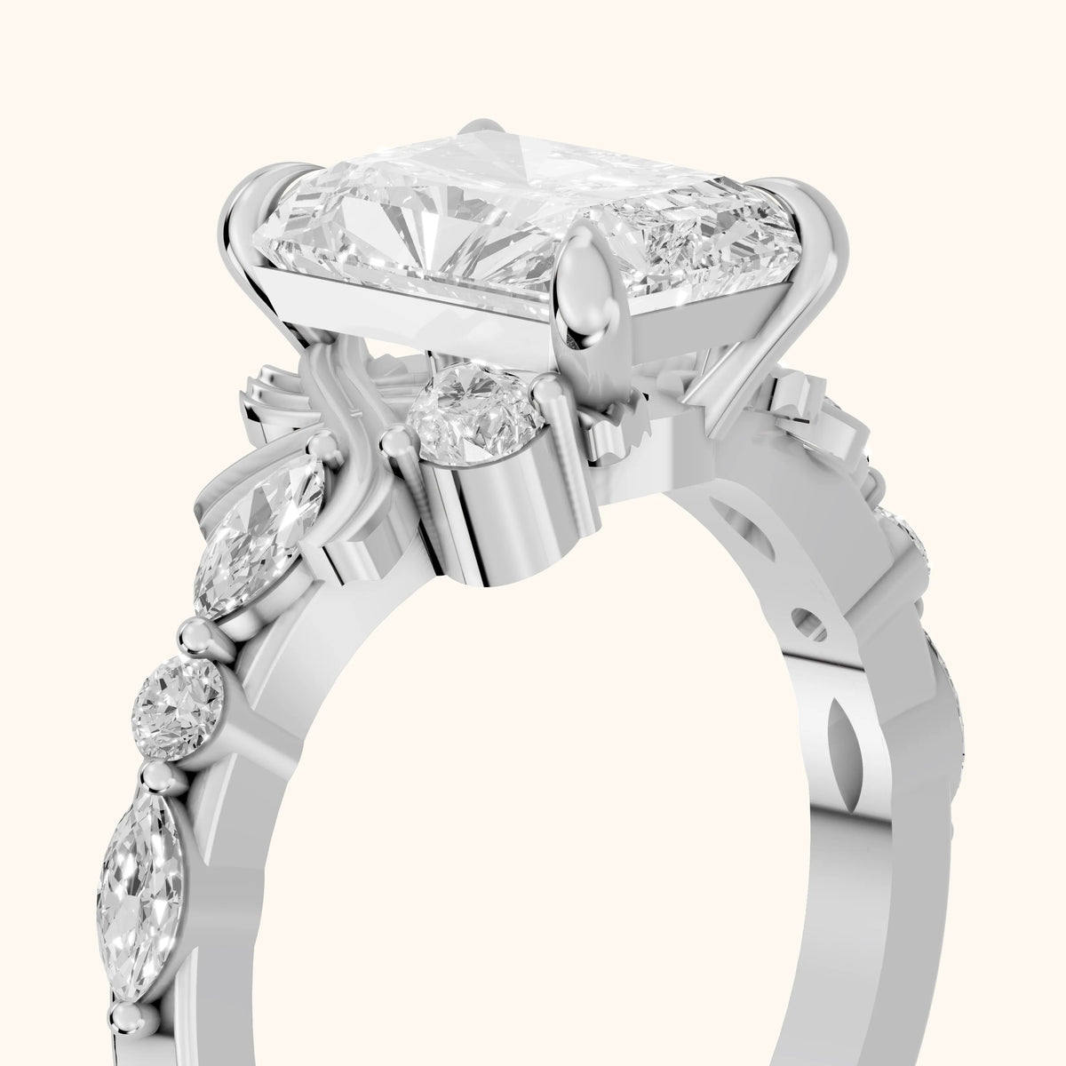 Lanai Marquise-Side Radiant Diamond Engagement Ring in Silver - slant-view.webp