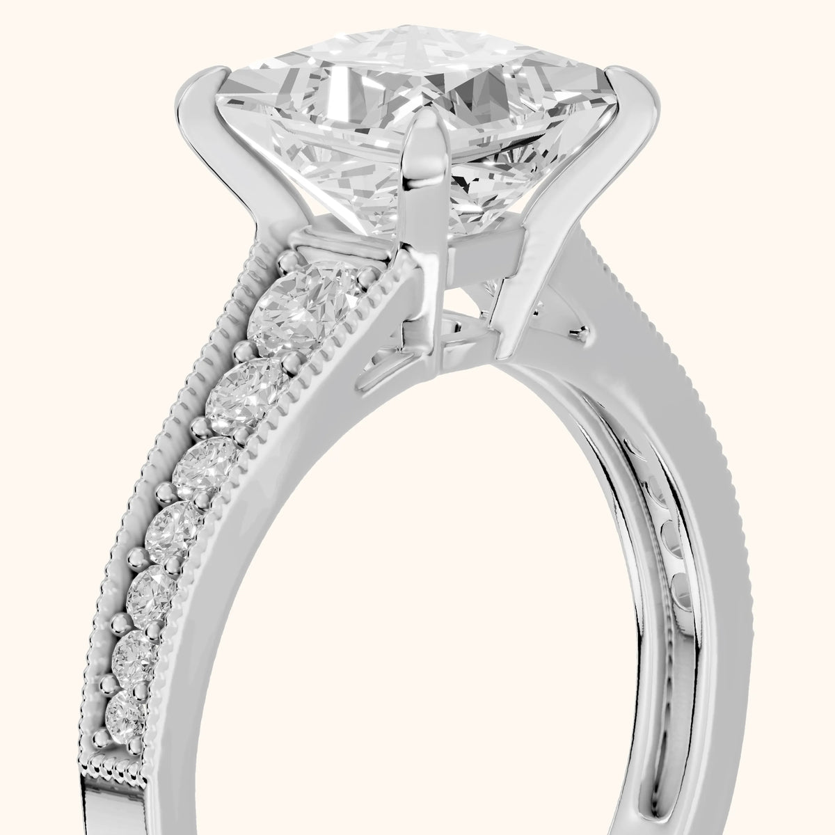 Mary Milgrain Pavé Princess Diamond Engagement Ring in Silver - slant-view.webp