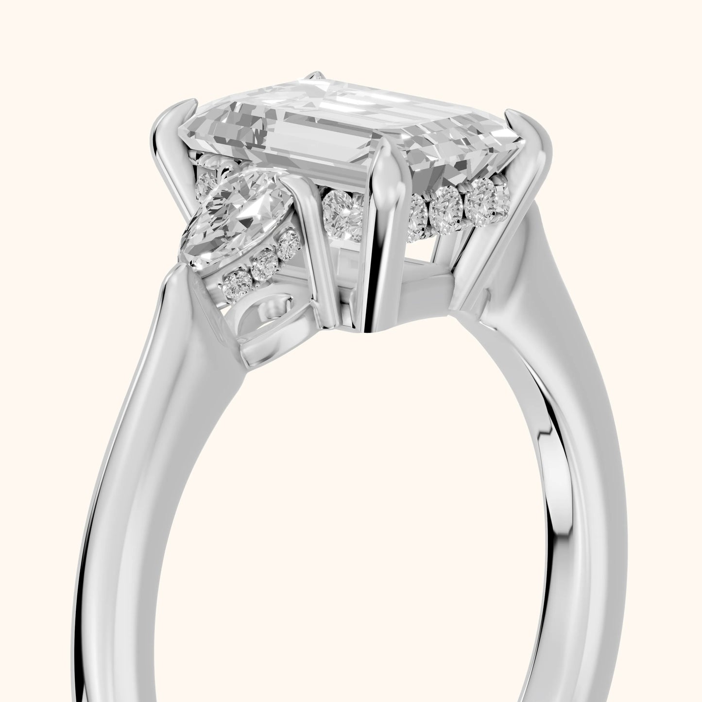 Leila Three-Stone Emerald Diamond Engagement Ring in Silver - slant-view.webp
