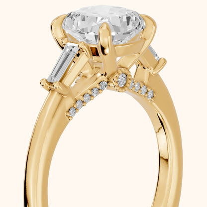 Laredo Baguette Three-Stone Cushion Diamond Engagement Ring in Yellow Gold - slant-view.webp