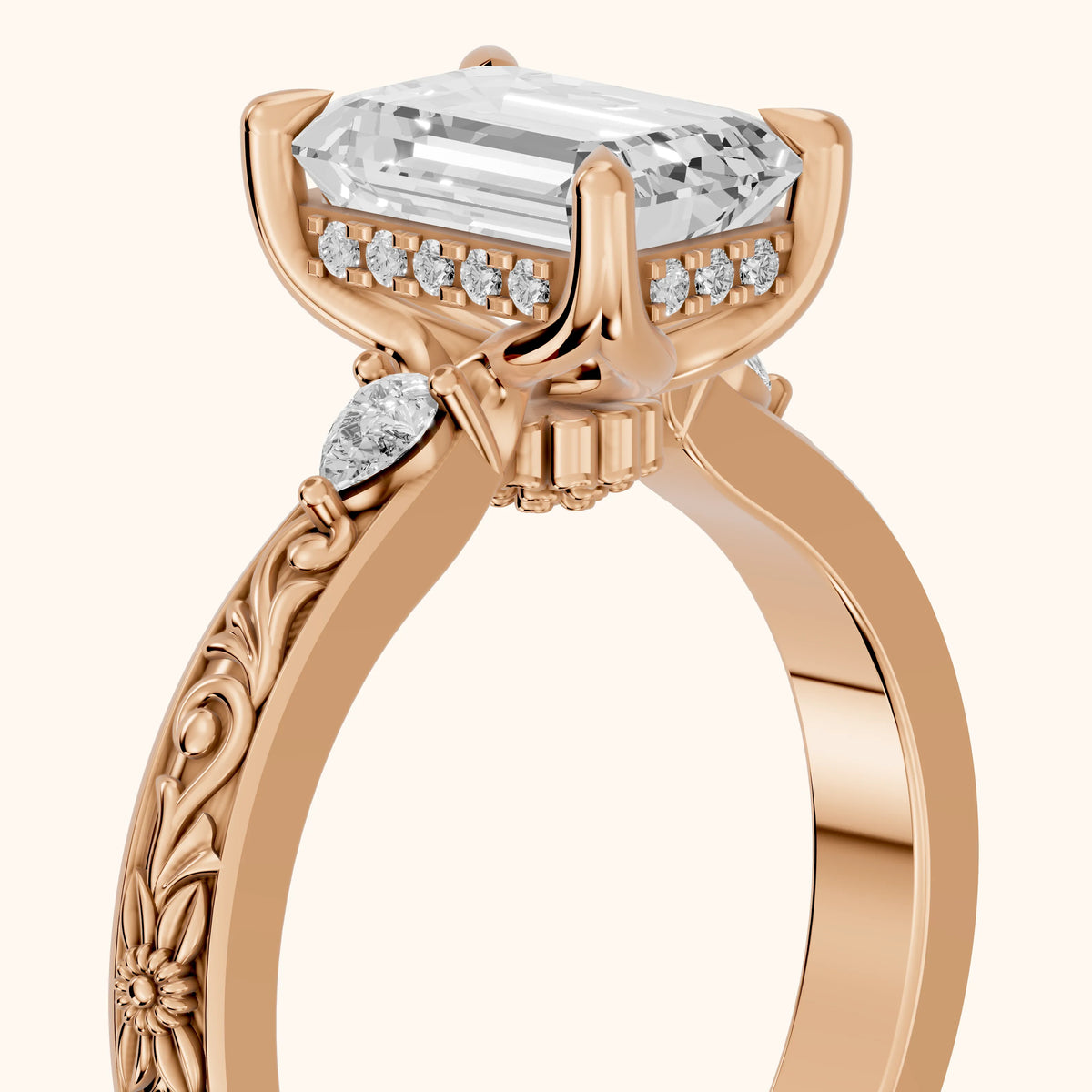 Siesta Three-Stone Engraved Emerald Diamond Engagement Ring in Rose Gold - slant-view.webp