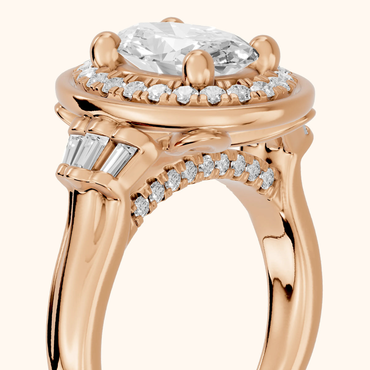 Milan Deco Halo Oval Diamond Engagement Ring in Rose Gold - slant-view.webp