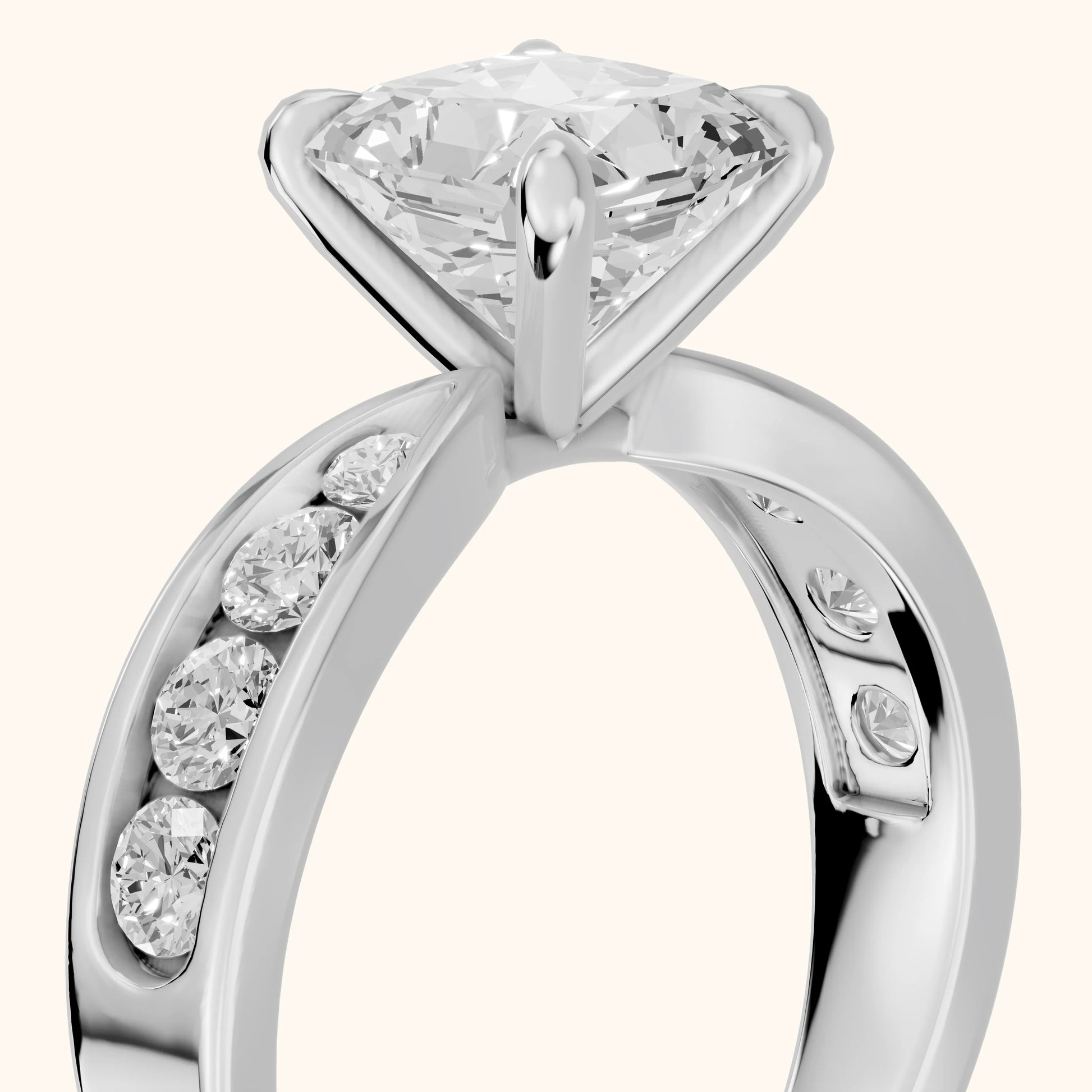 Noor Channel Set Sidestone Radiant Diamond Engagement Ring in White Gold - slant-view.webp