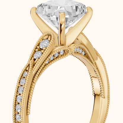 Lucette Scalloped Milgrain Cushion Diamond Engagement Ring in Yellow Gold - slant-view.webp