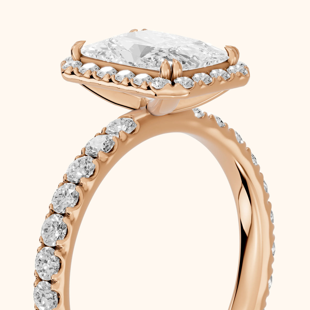 Chloe Halo Pavé Radiant Diamond Engagement Ring in Rose Gold - slant-view.webp