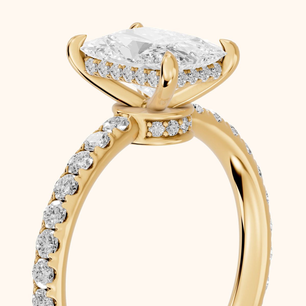 Thea Hidden Halo Pavé Radiant Diamond Engagement Ring in Yellow Gold - slant-view.webp