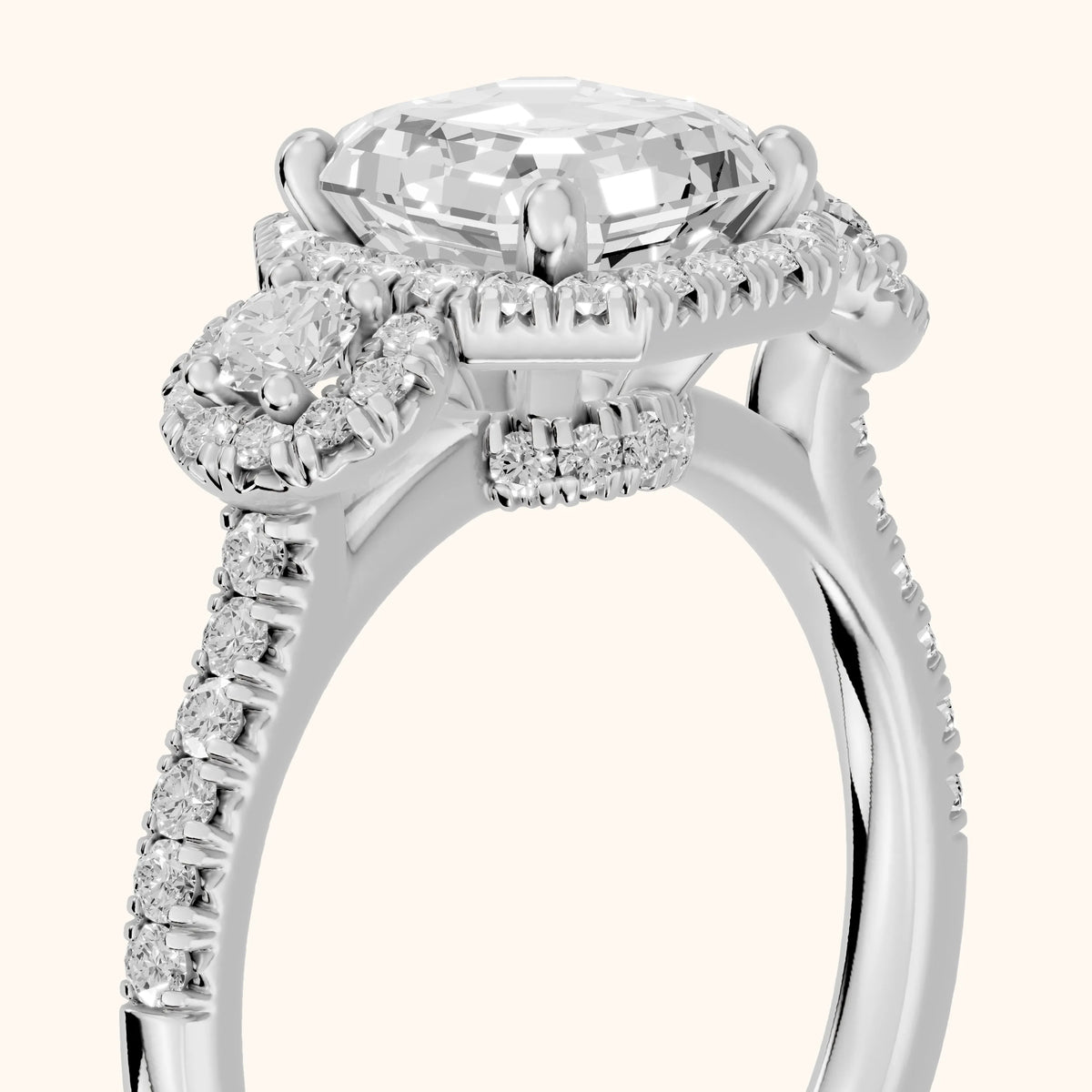 Denver Three-Stone Halo Asscher Diamond Engagement Ring in Silver - slant-view.webp