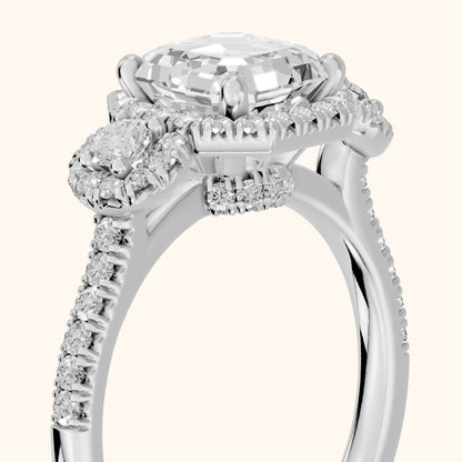 Denver Three-Stone Halo Asscher Diamond Engagement Ring in Silver - slant-view.webp
