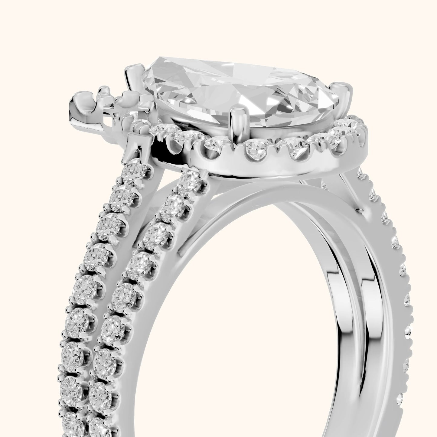 Kira Halo Split Shank Pear Diamond Engagement Ring in Silver - slant-view.webp