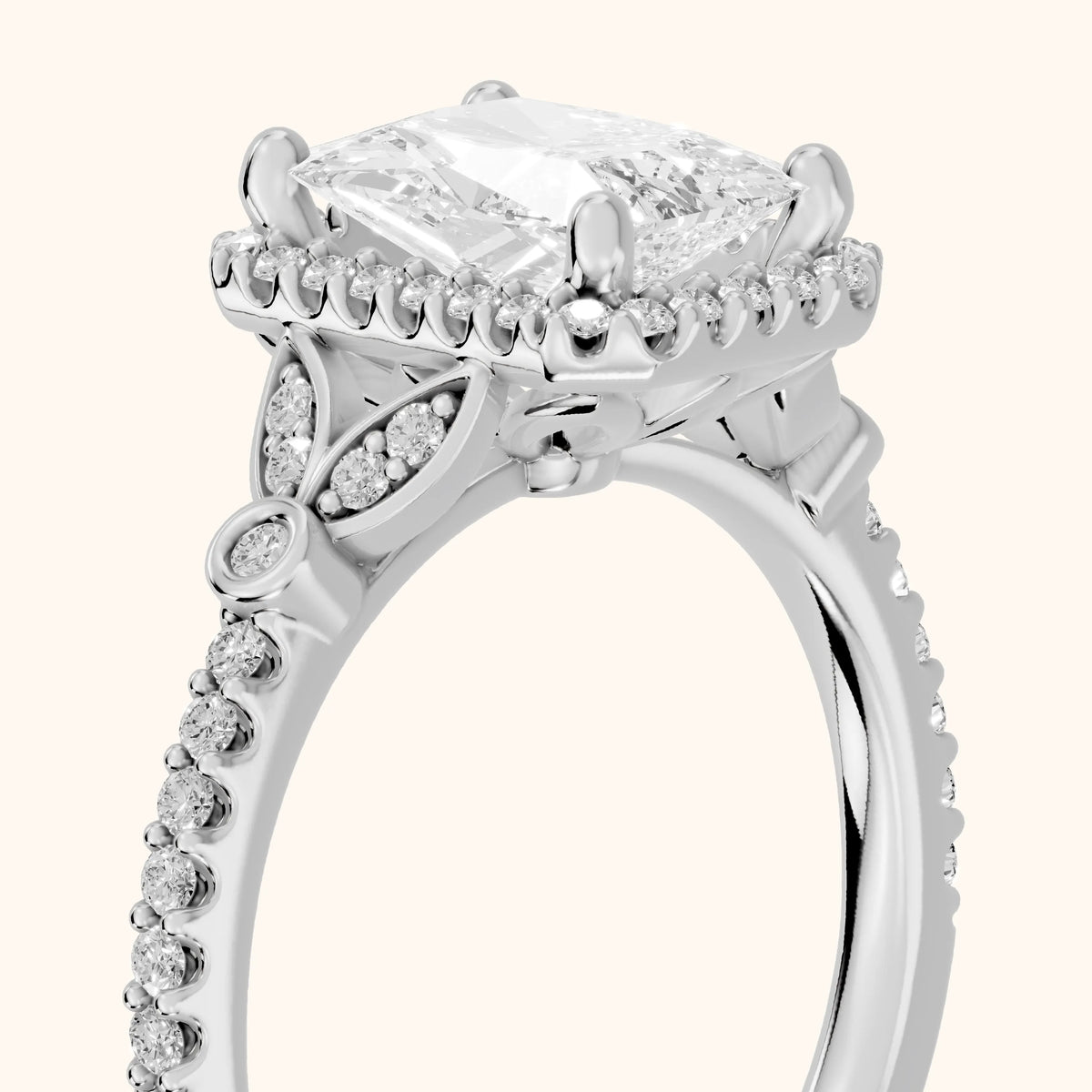 Sitka Leaf Halo Radiant Diamond Engagement Ring in Silver - slant-view.webp