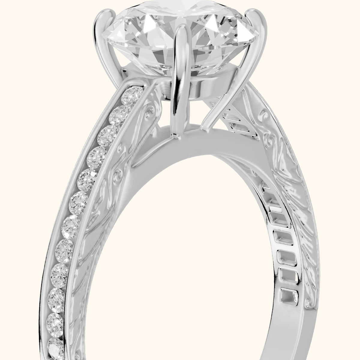 Cassie Engraved Channel Set Round Diamond Engagement Ring in Silver - slant-view.webp