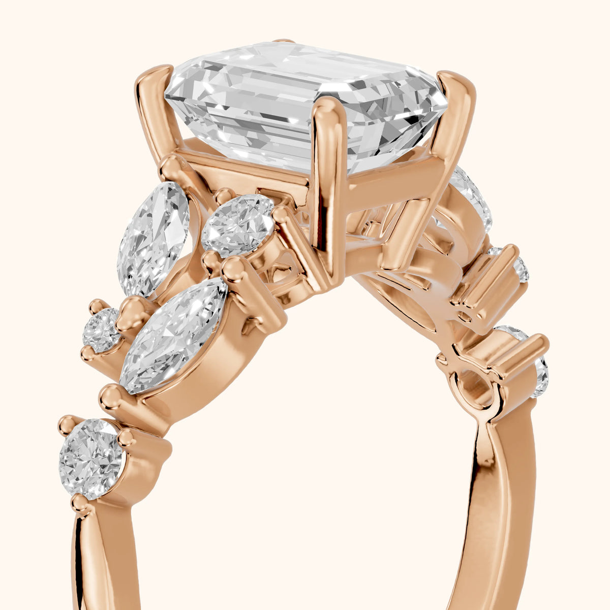 Kelsey Leaf Cluster Emerald Diamond Engagement Ring in Rose Gold - slant-view.webp