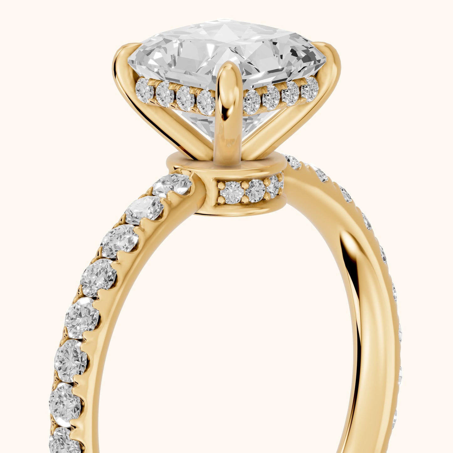 Thea Hidden Halo Pavé Radiant Diamond Engagement Ring in Yellow Gold - slant-view.webp
