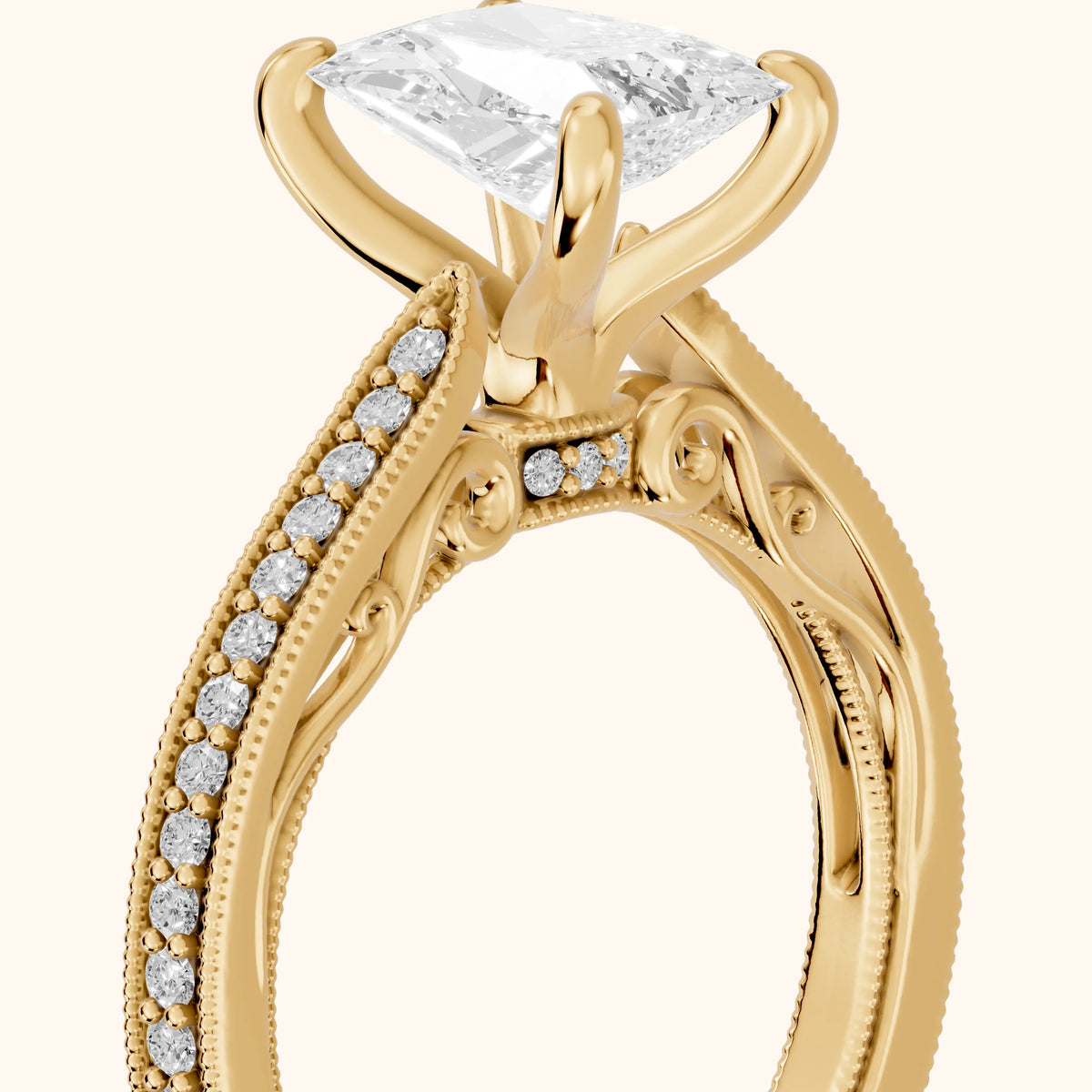 Camellia Milgrain Pavé Radiant Diamond Engagement Ring in Yellow Gold - slant-view.webp