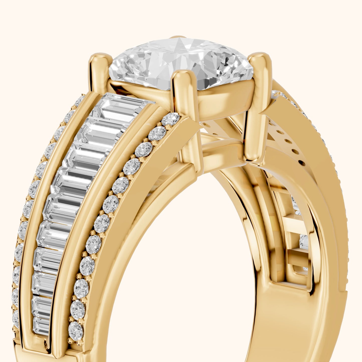 Halle Channel Set Baguette Accent Cushion Diamond Engagement Ring in Yellow Gold - slant-view.webp