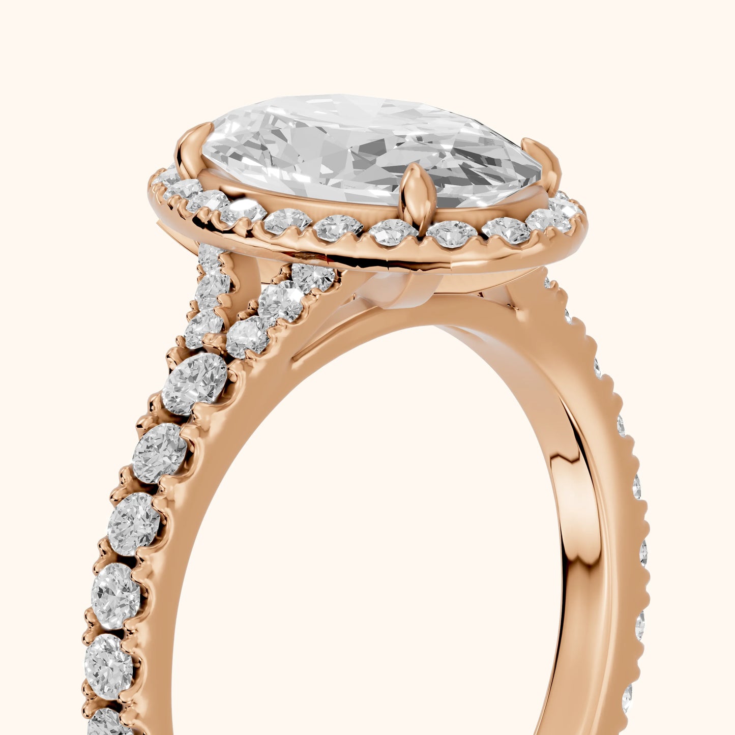 Bella Halo Pavé Oval Diamond Engagement Ring in Rose Gold - slant-view.webp