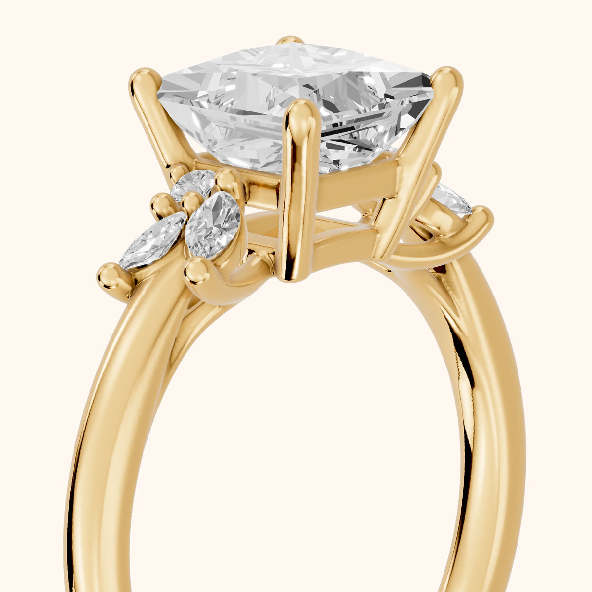 Avon Leaf Cluster Princess Diamond Engagement Ring in Yellow Gold - slant-view.webp