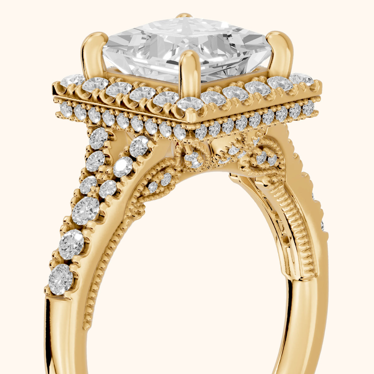 Kenner Halo Split Shank Princess Diamond Engagement Ring in Yellow Gold - slant-view.webp