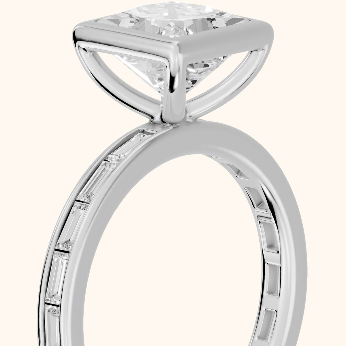 Raleigh Bezel Baguette Princess Diamond Engagement Ring in White Gold - slant-view.webp