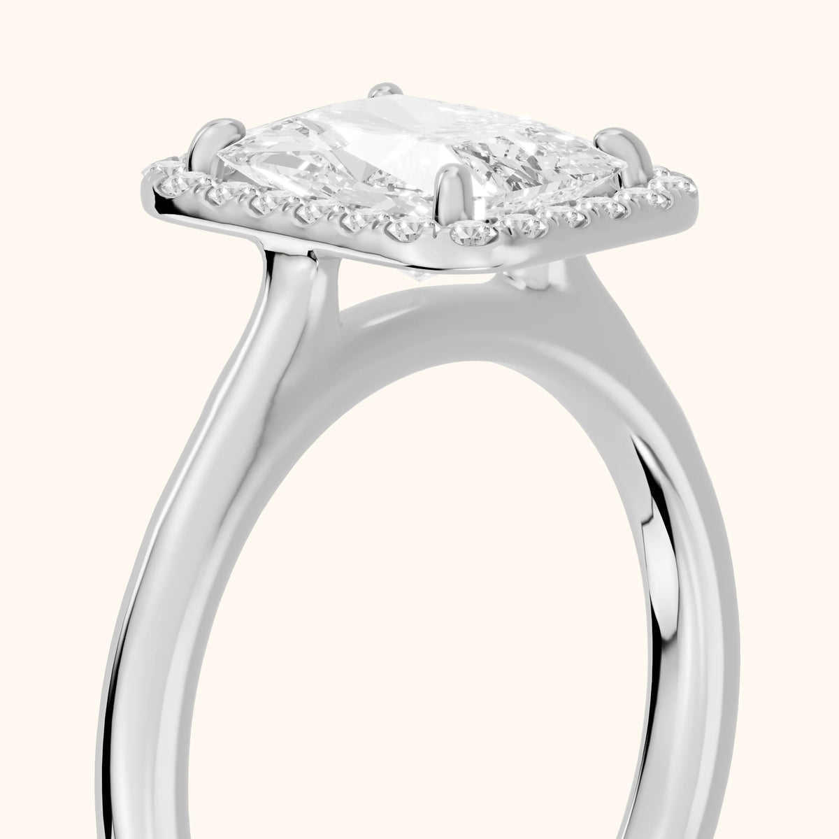 Clover Halo Cathedral Radiant Diamond Engagement Ring in White Gold - slant-view.webp