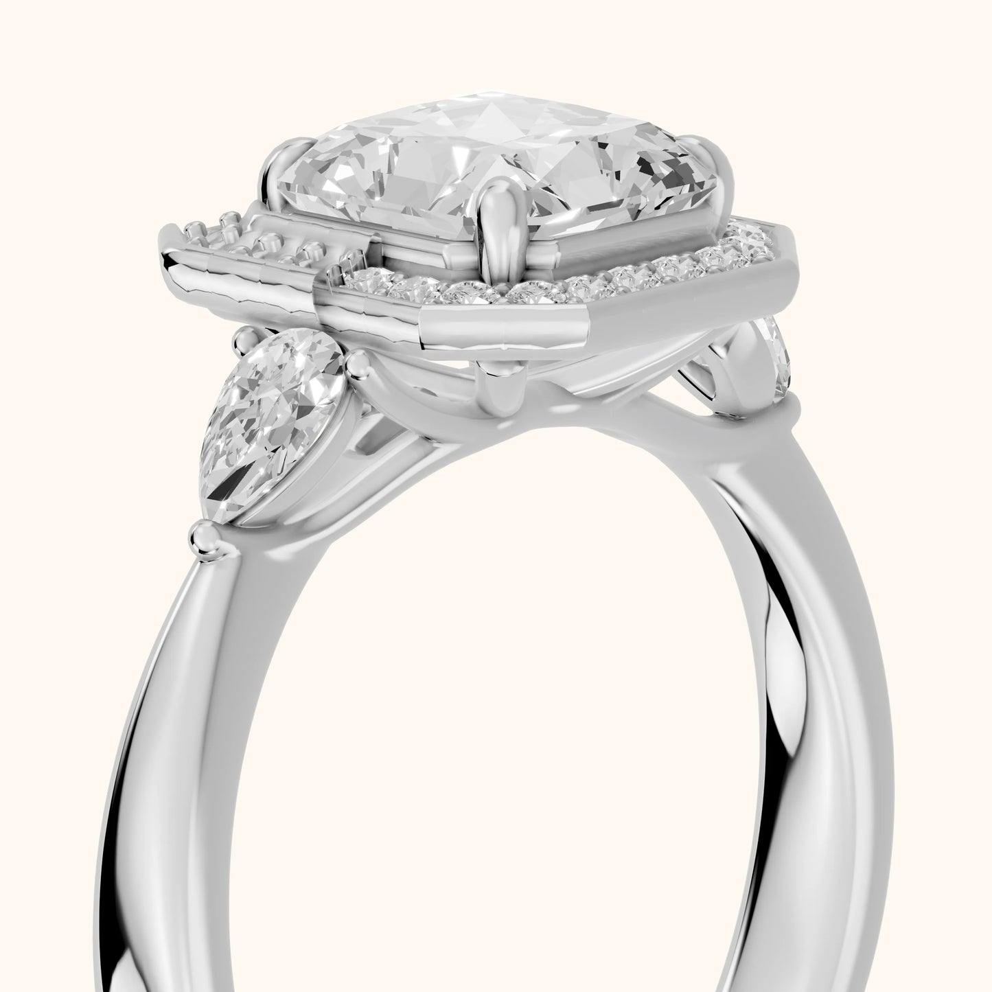 Eliza Halo Sidestone Radiant Diamond Engagement Ring in Platinum - slant-view.webp