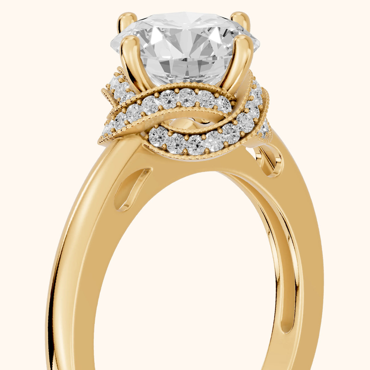 Sally Hidden Halo Milgrain Round Diamond Engagement Ring in Yellow Gold - slant-view.webp