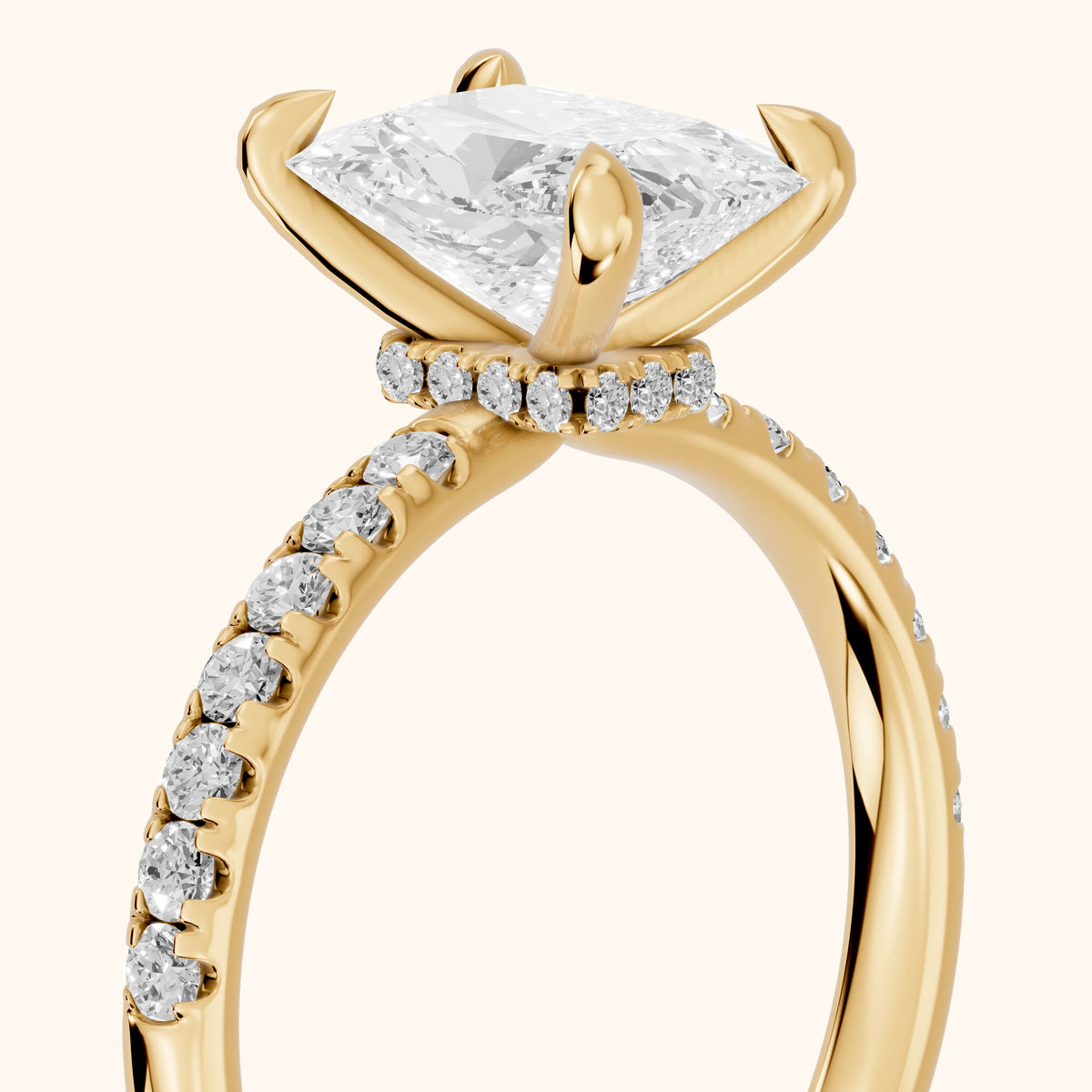 Maya Hidden Halo Pavé Radiant Diamond Engagement Ring in Yellow Gold - slant-view.webp