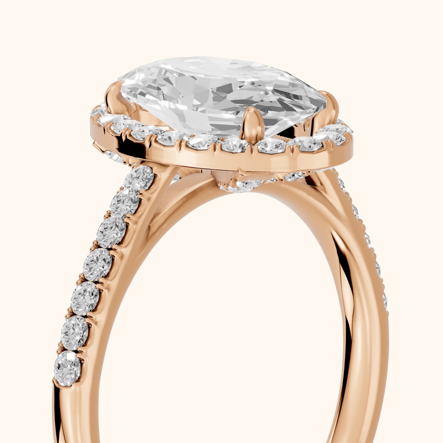 Alma Halo Pavé Oval Diamond Ring in Rose Gold - slant-view.webp